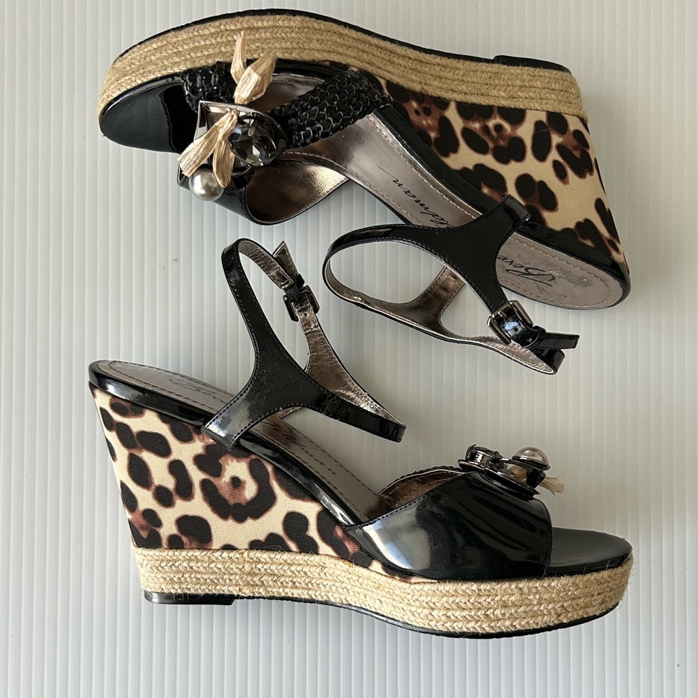 Beverly Feldman Black Patent Embellished Leopard Espadrille Wedges Sz 9 *READ